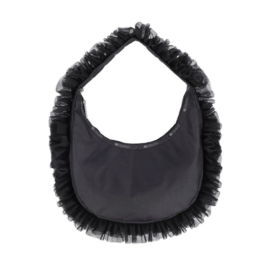 RUFFLE ZIP HOBO 拉鍊肩背包 - 黑蕾絲荷葉滾邊