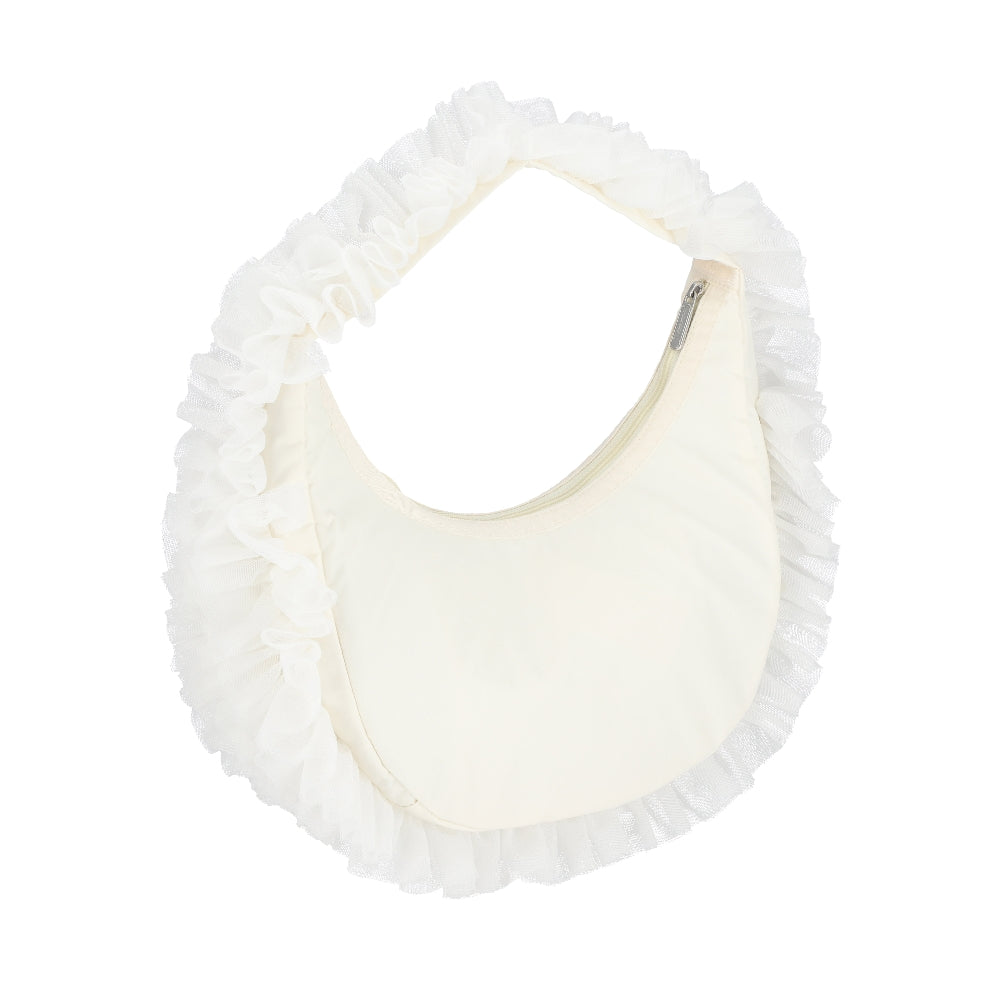 RUFFLE ZIP HOBO 拉鍊肩背包 - 白蕾絲荷葉滾邊