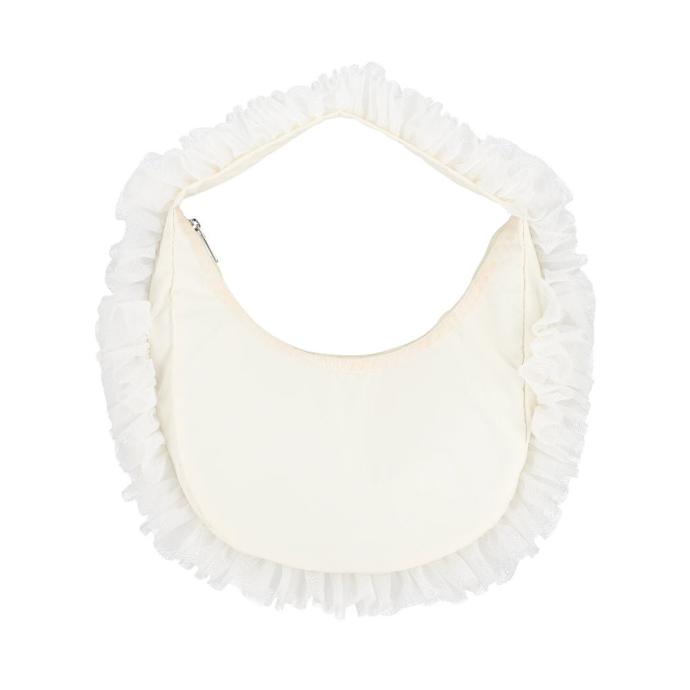RUFFLE ZIP HOBO 拉鍊肩背包 - 白蕾絲荷葉滾邊