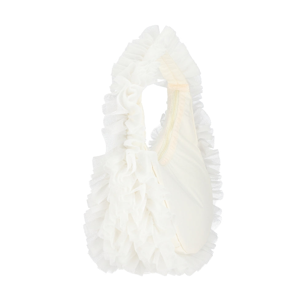 RUFFLE ZIP HOBO 拉鍊肩背包 - 白蕾絲荷葉滾邊